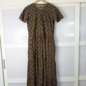 Oliphant Tiered Maxi Dress Green Brown Abstract Design Flutter Sleeves Size XL